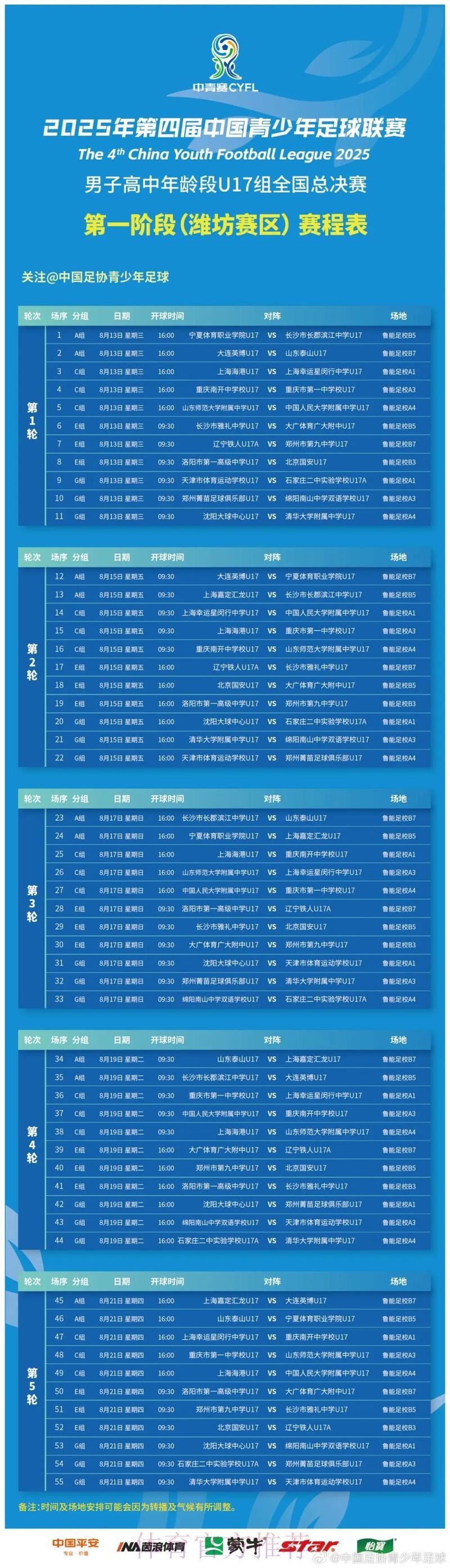 第一届中国青少年足球联赛（男子高中年龄段U17组）总决赛24强对阵出炉